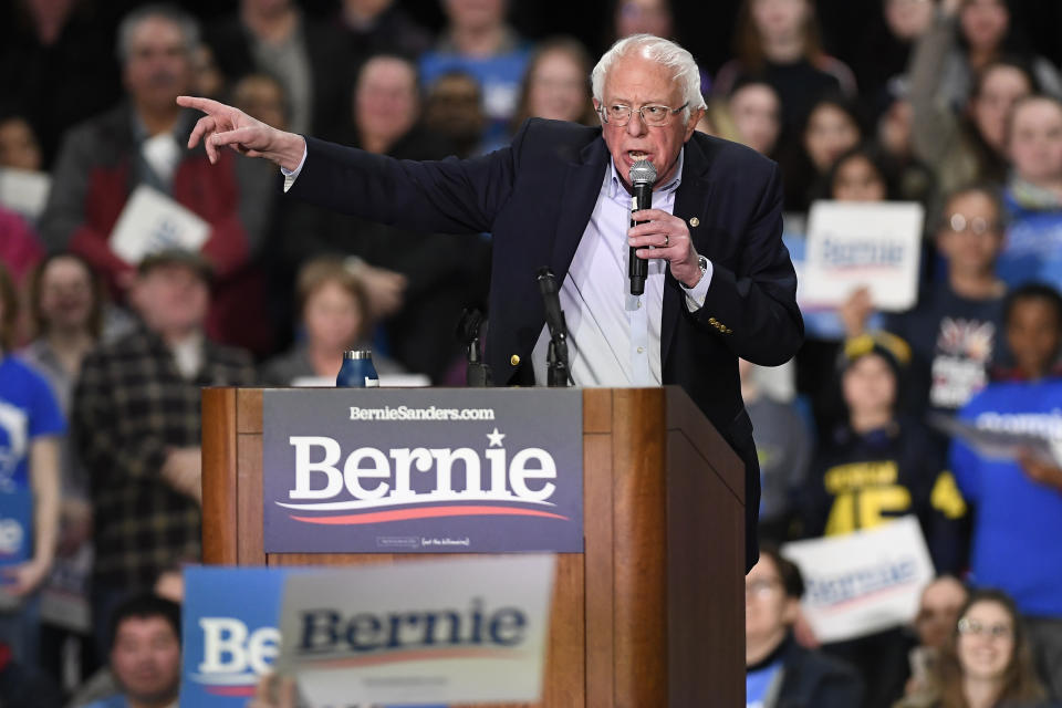 Democratic presidential candidate Sen. Bernie Sanders, I-Vt., speaks during a campaign event, Friday, Feb. 28, 2020, in Springfield, Mass. (AP Photo/Jessica Hill)