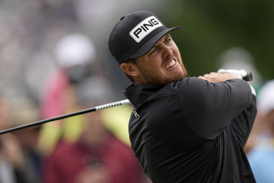 Mito Pereira, of Chile, watches his tee shot on the second hole during the final round of the PGA Championship golf tournament at Southern Hills Country Club, Sunday, May 22, 2022, in Tulsa, Okla. (AP Photo/Eric Gay)