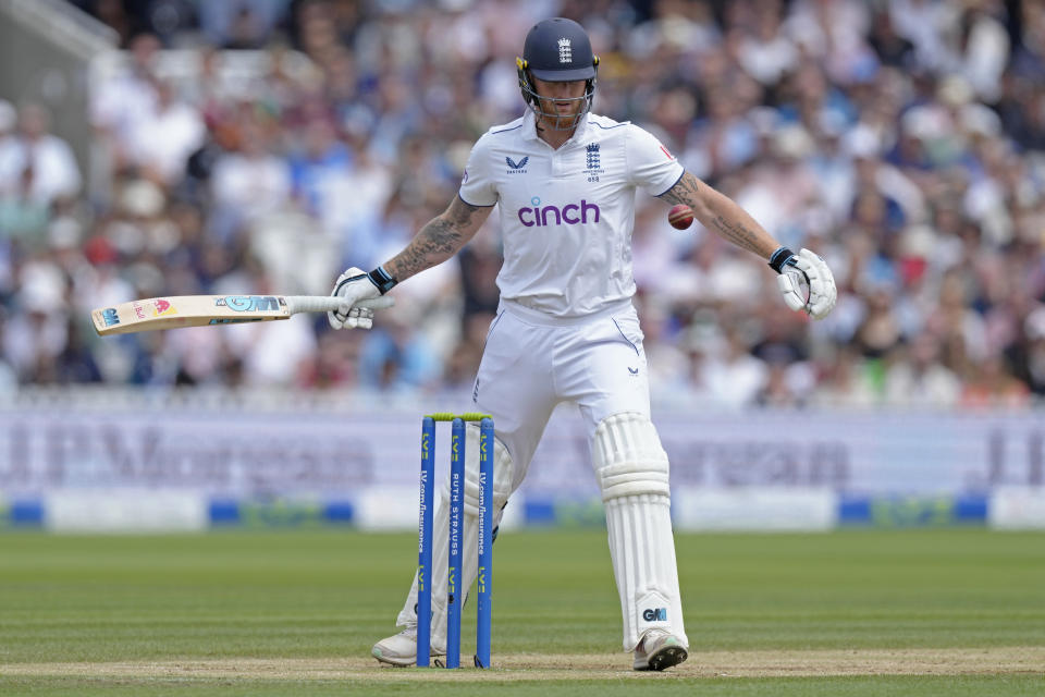 England's captain Ben Stokes kicks the ball away from stumps during the fifth day of the second Ashes Test match between England and Australia, at Lord's cricket ground in London, Sunday, July 2, 2023. (AP Photo/Kirsty Wigglesworth)