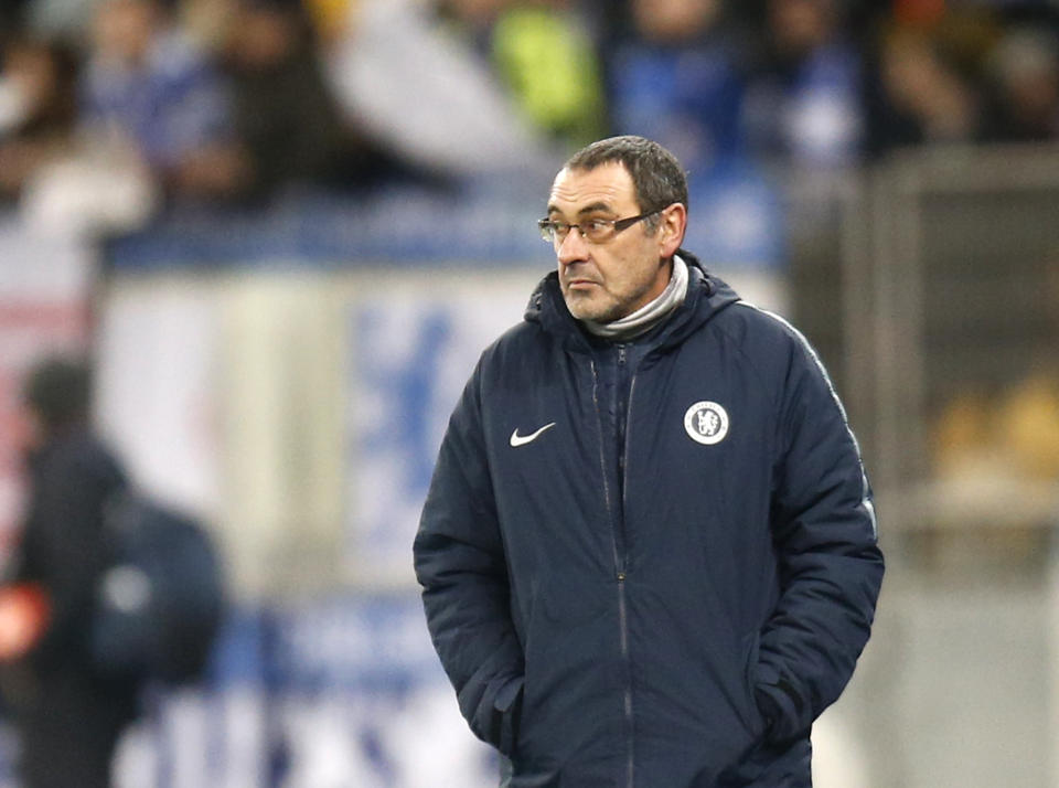 Chelsea manager Maurizio Sarri stands on the touchline during the Europa League round of 16, second leg soccer match between Dynamo Kiev and Chelsea at the Olympiyskiy stadium in Kiev, Ukraine, Thursday, March 14, 2019. (AP Photo/Efrem Lukatsky)