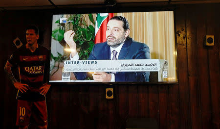 Lebanon's Prime Minister Saad al-Hariri, who has resigned, is seen during Future television interview, in a coffee shop in Beirut, Lebanon November 12, 2017. REUTERS/Jamal Saidi