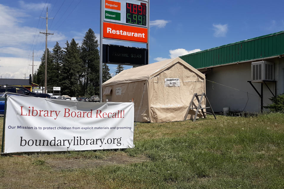 A banner at one edge of town in Bonners Ferry, Idaho, is part of the of the effort to recall four of five library trustees. (Boundary County Library)