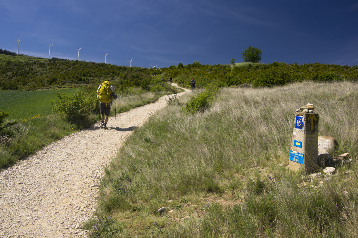 Two Pilgrims Walk Along the Camino de Santiago to Santiago de Compostela, Pamplona, Spain