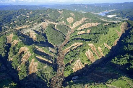 Landslides caused by an earthquake are seen in Atsuma town, Hokkaido, northern Japan, in this photo taken by Kyodo September 6, 2018. Mandatory credit Kyodo/via REUTERS