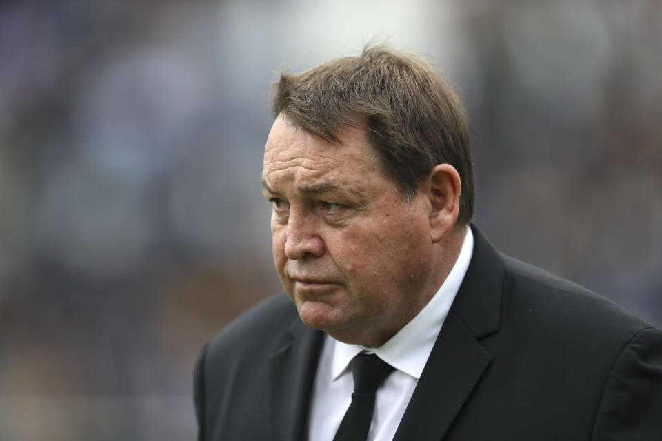 New Zealand All Blacks head coach Steve Hansen looks on before a rugby championship match against Argentina's Los Pumas, in Buenos Aires, Argentina, Saturday, July 20, 2019. (AP Photo/Natacha Pisarenko)