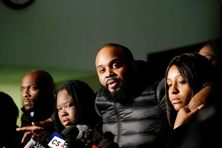 Activist William Calloway speaks to reporters after former Chicago police officer Jason Van Dyke was sentenced to 6 3/4 years in prison for the fatal shooting of 17-year-old Laquan McDonald at the Leighton Criminal Courts Building in Chicago, Illinois, U.S., January 18, 2019. REUTERS/Joshua Lott