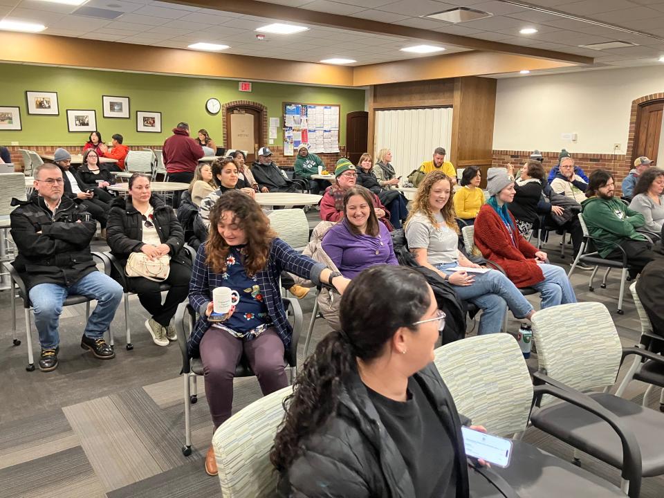 More than 50 community members turn out for a Saturday meeting of the Green Bay School Board on Feb. 17, 2024. The board immediately went into closed session where they are expected to discuss Superintendent Claude Tiller and his comments in an interview on an Atlanta radio station on Feb. 6.