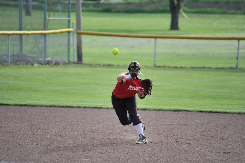 Plymouth shortstop Bree Fellows makes an infield throw.