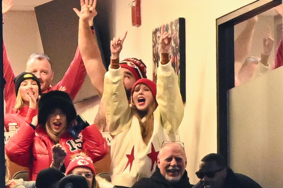 Brittany Mahomes, Jason Kelce, and Taylor Swift react during the second half of the AFC Divisional Playoff game between the Kansas City Chiefs and the Buffalo Bills at Highmark Stadium on January 21, 2024.