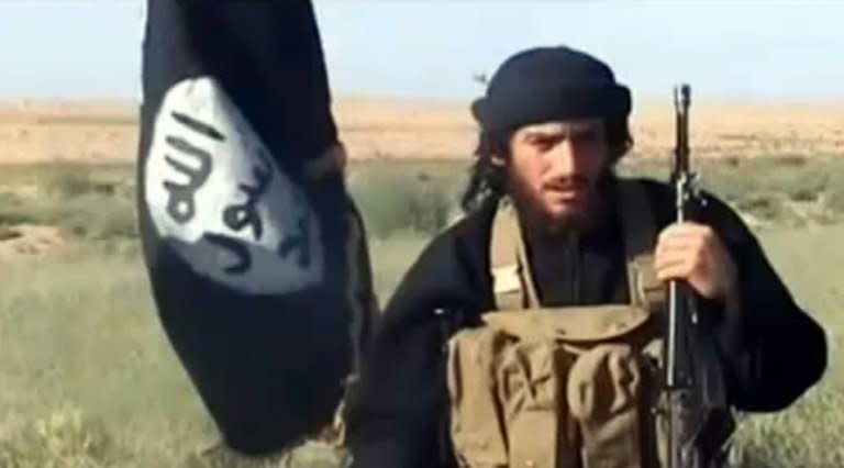 Then spokesman for the Islamic State group, Abu Mohamed al-Adnani, pictured in a screengrab from a video uploaded to YouTube in July 2012 next to an Islamist flag at an undisclosed location