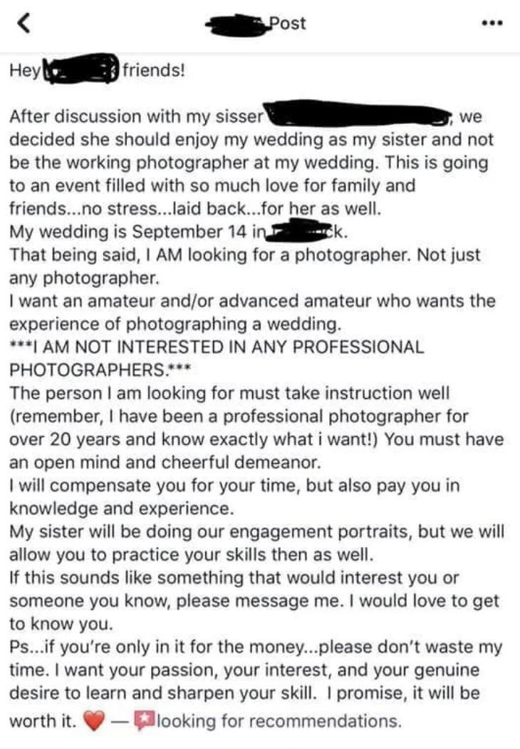 Screenshot of someone being entitled about their wedding