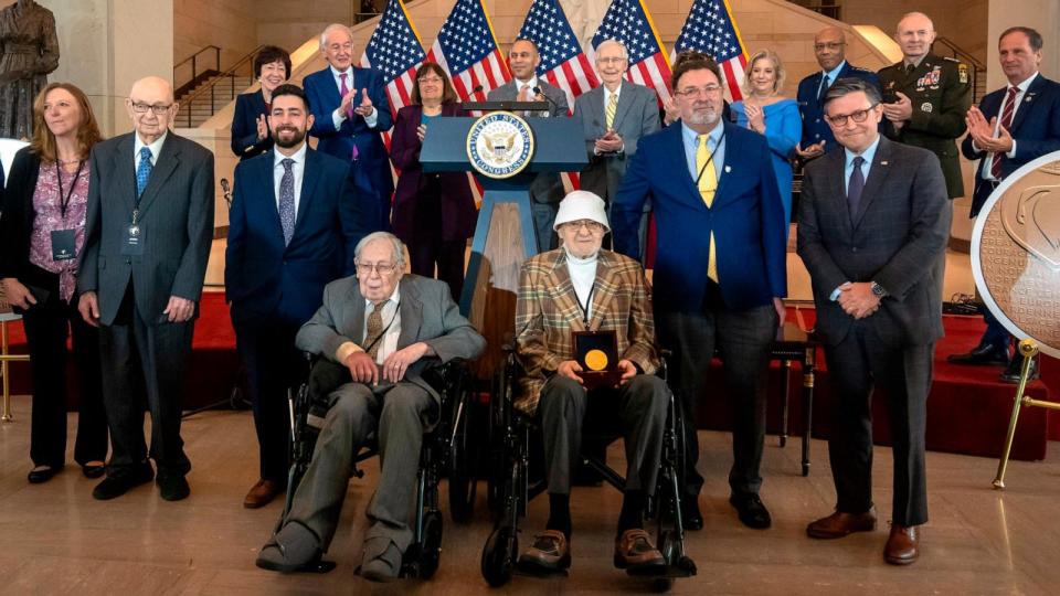 PHOTO: Ghost Army members join military and congressional officials as members of their secretive WWII-era unit are presented with the Congressional Gold Medal during a ceremony on Capitol Hill, March 21, 2024. (Mark Schiefelbein/AP)