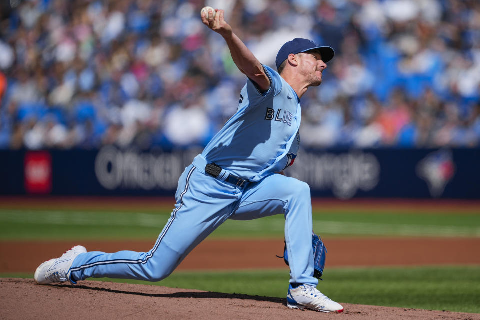 Toronto Blue Jays starting pitcher Chris Bassitt (40) throws against the Washington Nationals during the first inning of a baseball game in Toronto on Wednesday, Aug. 30, 2023. (Andrew Lahodynskyj/The Canadian Press via AP)