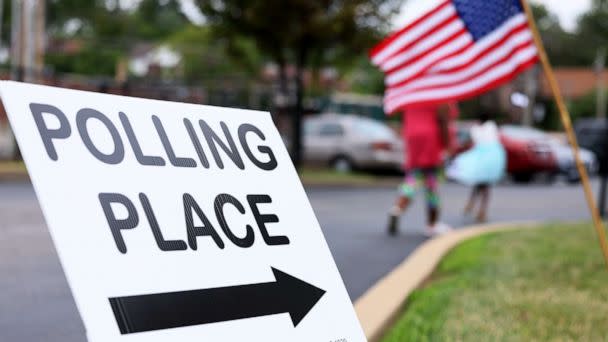PHOTO: A 'Polling Place' sign is seen during Primary Election Day at Barack Obama Elementary School, Aug. 2, 2022, in St Louis, Missouri. (Michael M. Santiago/Getty Images)
