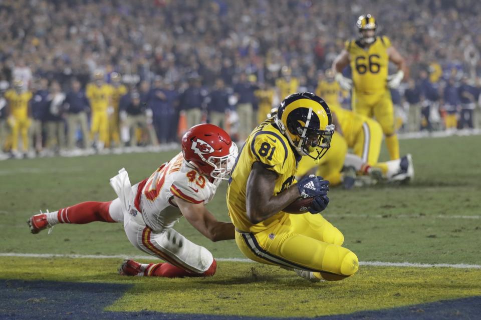 Rams tight end Gerald Everett (81) scores a touchdown against the Chiefs during the highest-scoring Monday night game ever. (AP)