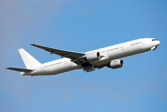 Boeing 777 airliner in flight.