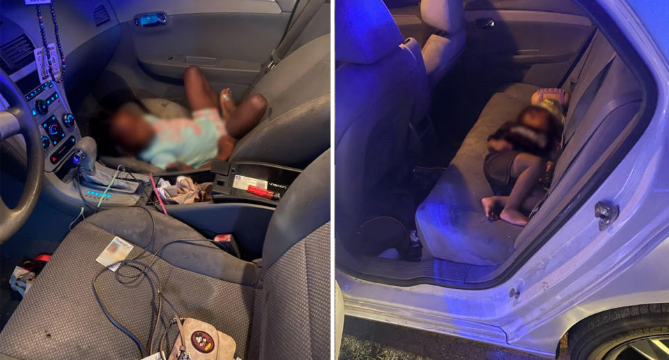 two toddlers sleeping in car unrestrained