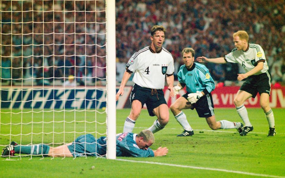 Paul Gascoigne narrowly fails to convert a cross against Germany at Euro 96 - HULTON ARCHIVE