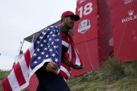 Team USA's Tony Finau celebrates after the Ryder Cup matches at the Whistling Straits Golf Course Sunday, Sept. 26, 2021, in Sheboygan, Wis. (AP Photo/Ashley Landis)