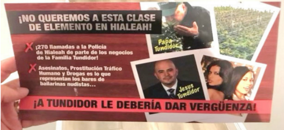 Durante el ciclo electoral del 2019 en Hialeah, Jesús Tundidor, entonces candidato a concejal fue atacado por los negocios de entretenimiento para adultos de su familia. Hoy, ellos demandan a la ciudad por un allanamiento ocurrido ese año a uno de sus locales Bellas Cabaret, bajo la administración de Carlos Hernández, quien se oponía a su postulación.