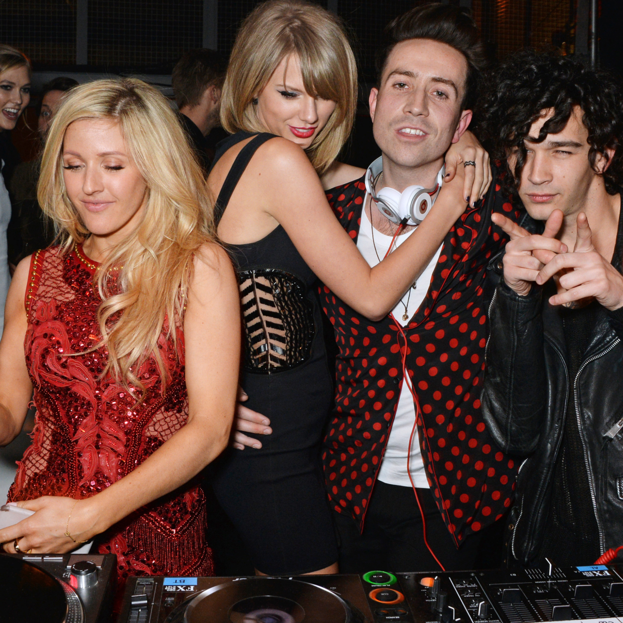  Karlie Kloss, Ellie Goulding, Taylor Swift, Nick Grimshaw and Matt Healy attend the Universal Music Brits party at The Soho House Pop-Up on February 25, 2015 in London, England 