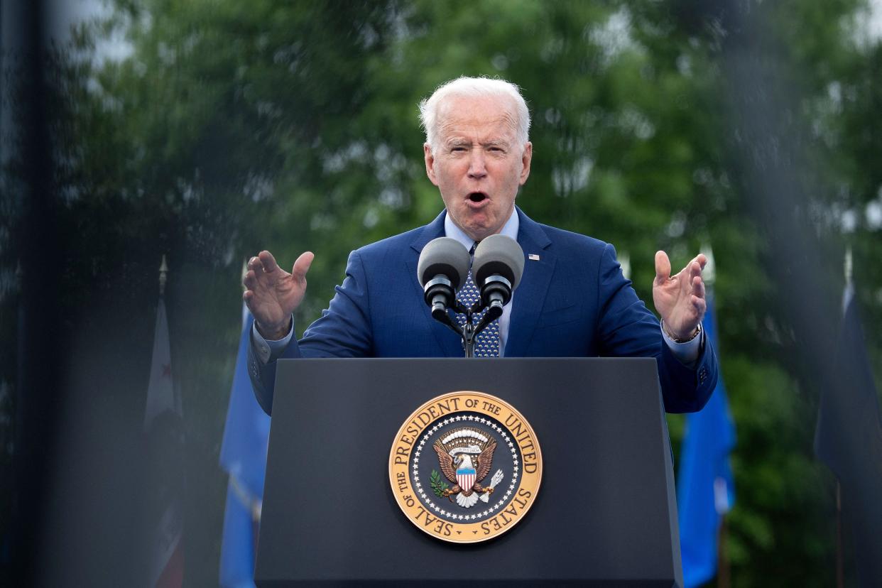 <p>US President Joe Biden speaks during a drive-in rally at Infinite Energy Center April 29, 2021, in Duluth, Georgia, where she said that Stacey Abrams could be president “if she wanted”</p> (Getty)