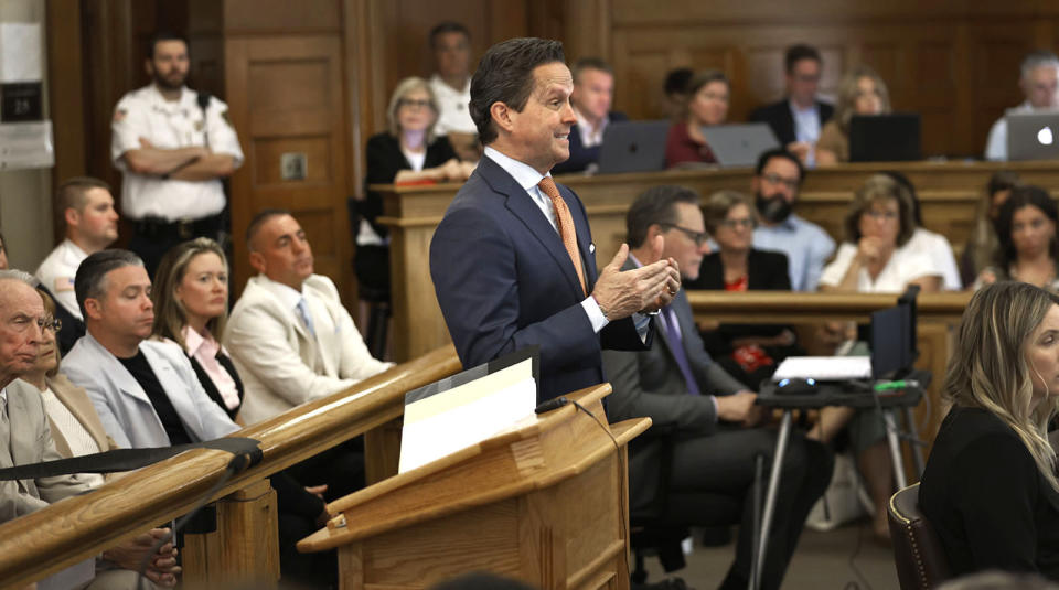 Attorney Alan Jackson questions trooper Michael Proctor about text messages to his sister during the Karen Read murder trial in Norfolk Superior Court in Dedham, Mass., Wednesday June 12, 2024. (Greg Derr/The Patriot Ledger via AP, Pool)