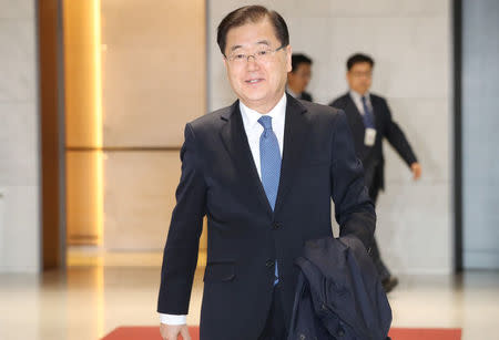 South Korea's National Security Office chief Chung Eui-yong arrives at Incheon International Airport in Incheon, South Korea, March 15, 2018. Yonhap via REUTERS