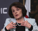 California Sen. Dianne Feinstein, D-Calif., gestures while speaking to California Sen. Kevin de Leon, D-Los Angeles, during a debate on Wednesday, Oct. 17, 2018, in San Francisco. Feinstein shared the stage with an opponent for the first time since 2000 when she debated state Sen. Kevin de Leon.The two Democrats are facing off in the Nov. 6 election. (AP Photo/Ben Margot)