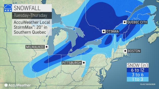 Heavy snow is forecast from the central Plains to northern New England over the next couple of days.