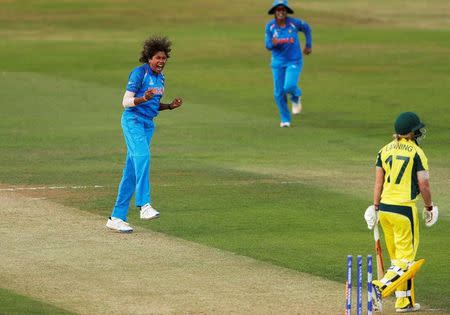 Cricket - Australia vs India - Women's Cricket World Cup Semi Final - Derby, Britain - July 20, 2017 India's Jhulan Goswami celebrates taking the wicket of Australia's Meg Lanning Action Images via Reuters/Lee Smith