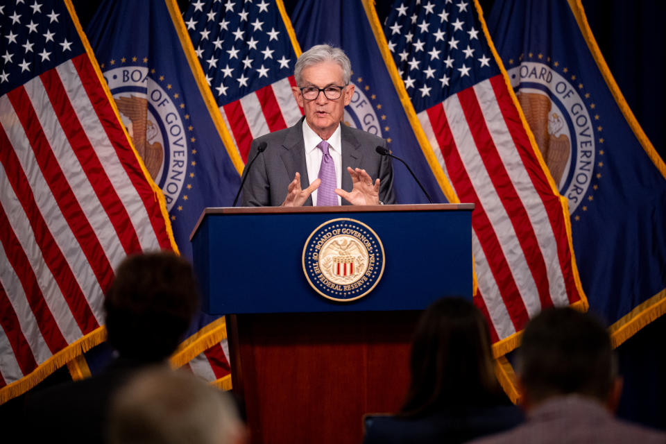 WASHINGTON, DC - JULY 31: Federal Reserve Chairman Jerome Powell speaks at a news conference following a Federal Open Market Committee meeting at the William McChesney Martin Jr. Federal Reserve Board Building on July 31, 2024 in Washington, DC. Powell spoke to members of the media after the Federal Reserve held short-term interest rates where they are with broad expectations that the rate with drop in September. (Photo by Andrew Harnik/Getty Images)