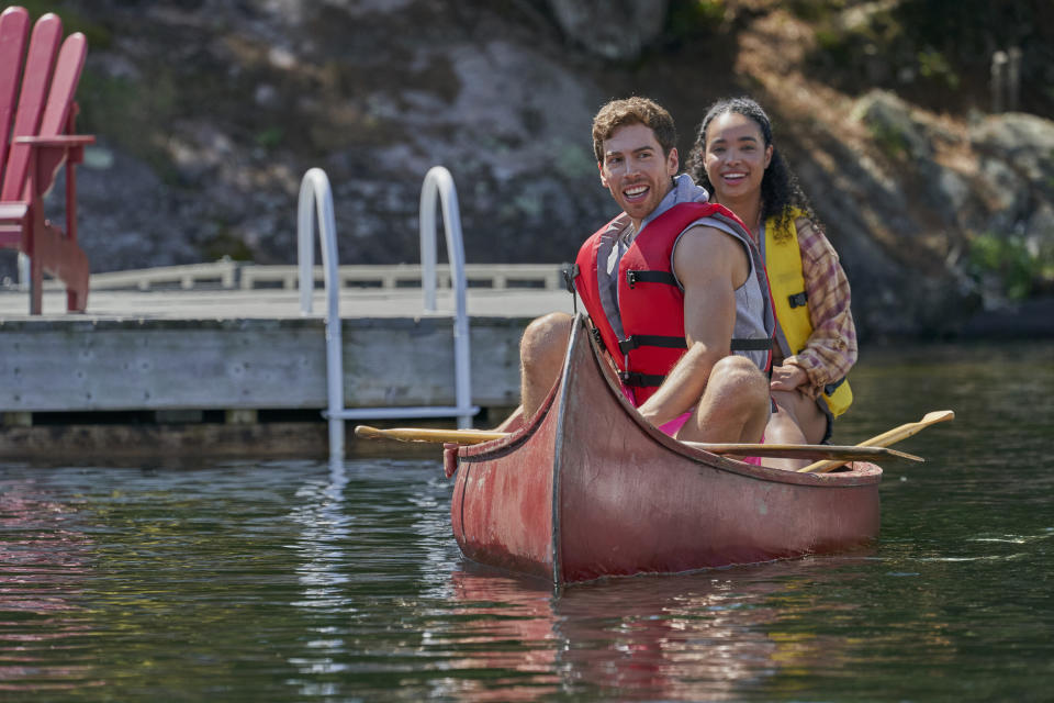 Jordan Gavaris as Justin and Madison Shamoun as Billie in The Lake Season 2 on Prime Video (Peter H. Stranks)