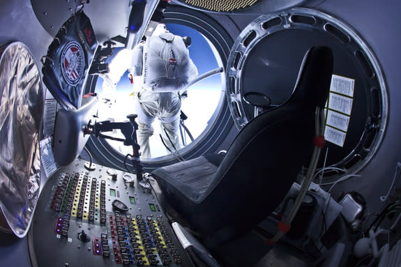 Felix Baumgartner completes final test jump from 97,145.7 feet/29,610 meters on July 25, 2012, for the Red Bull Stratos mission, which aims to set the world record for highest skydiver by leaping from 120,000 feet and breaking the sound barrier