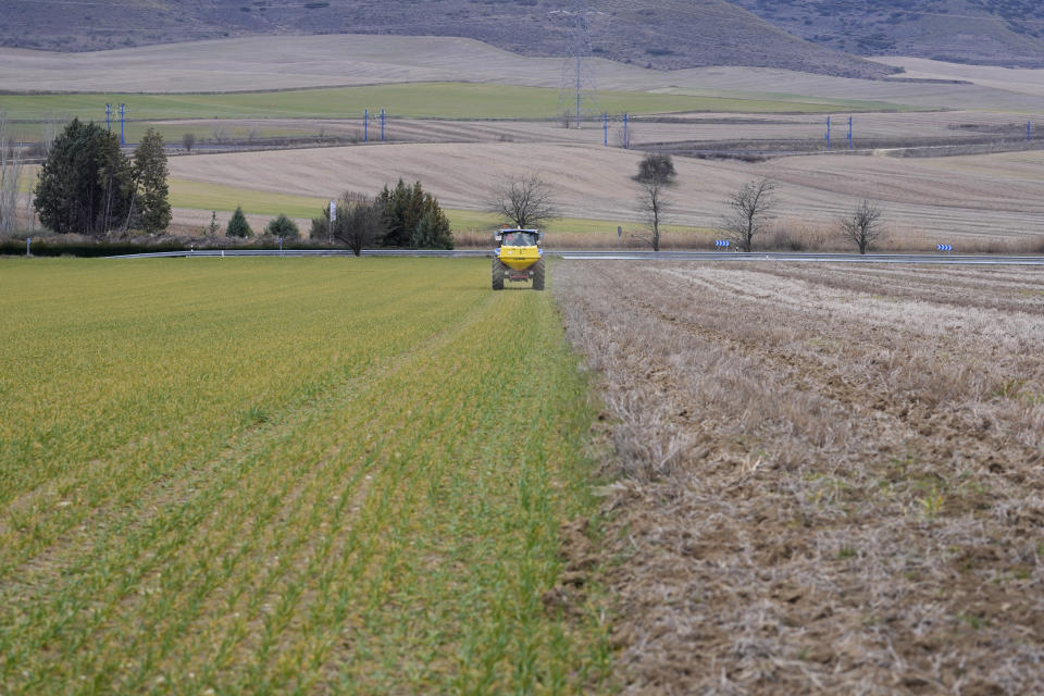 Farmer Jose Francisco Sanchez drives a tractor spraying fertilizer on a barley crop in Anchuelo on the outskirts of Madrid, Spain, Tuesday, Feb. 7, 2023. In Spain, the government is spending 300 million euros ($320 million) to help farmers acquire fertilizer, the price of which has doubled since the war in Ukraine. (AP Photo/Paul White)