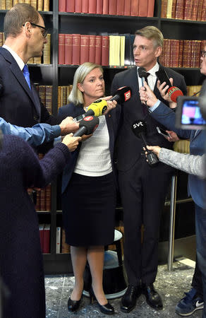 Sweden's Minister for Finance Magdalena Andersson comments along with Minister for Financial Markets and Consumer Affairs Per Bolund on Swedish bank Nordea's decision to move the headquarters from Stockholm to Finland during a press meeting in Stockholm, Sweden, September 6, 2017. TT NEWS AGENCY/Claudio Bresciani via REUTERS ATTENTION EDITORS - THIS IMAGE WAS PROVIDED BY A THIRD PARTY. SWEDEN OUT. NO COMMERCIAL OR EDITORIAL SALES IN SWEDEN. NO COMMERCIAL SALES.