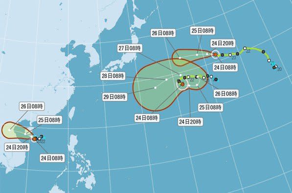 三個颱風成形，明天發展成關鍵 (圖／中央氣象局)