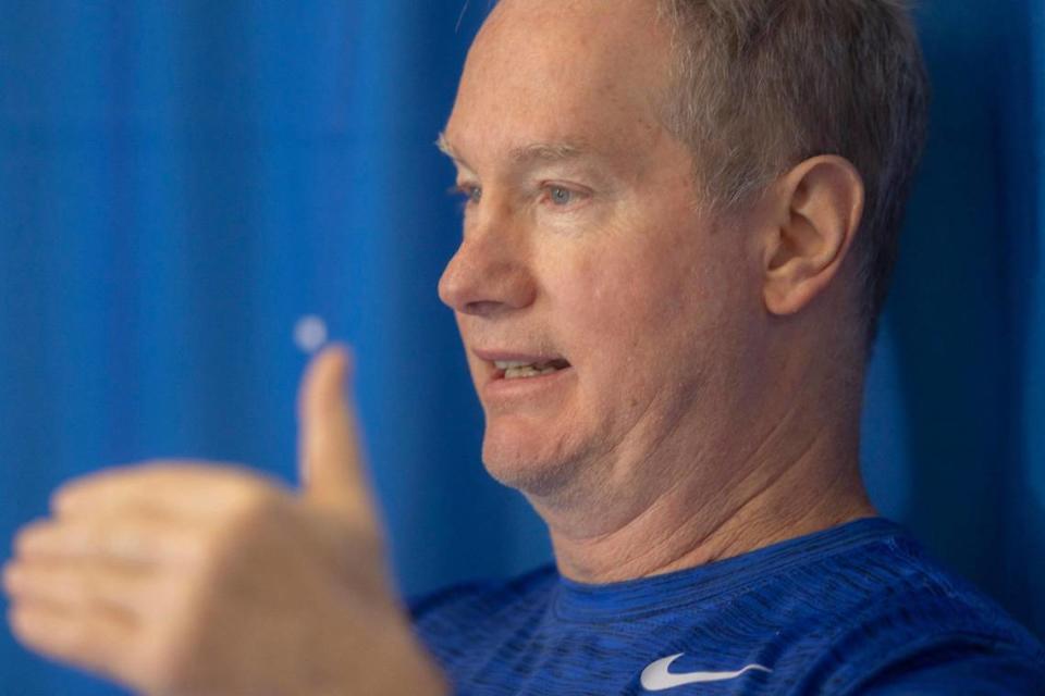 John Welch, a Kentucky basketball assistant coach, speaks to reporters during a news conference at the Joe Craft Center on the University of Kentucky campus Monday.