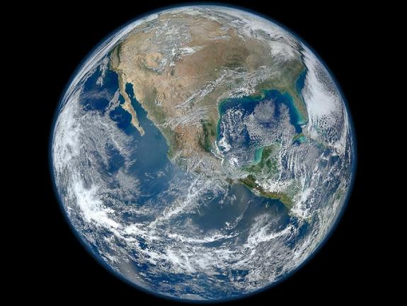 A “Blue Marble” image of the Earth taken from the VIIRS instrument aboard NASA's Earth-observing satellite — Suomi NPP. This composite image uses a number of swaths of the Earth's surface taken on Jan. 4, 2012.