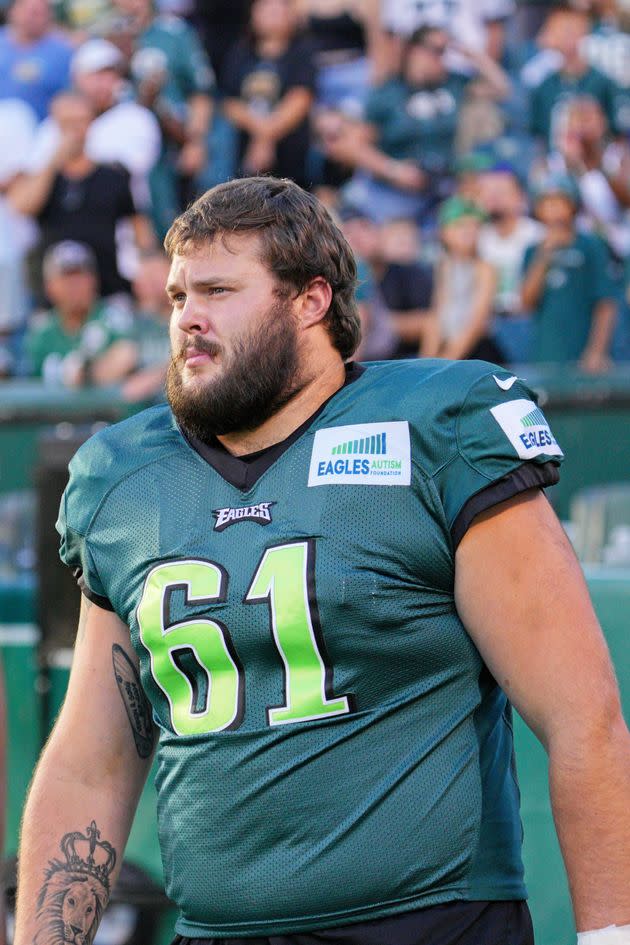 Philadelphia Eagles player Josh Sills (61) looks on during training camp on Aug. 7, 2022 at Lincoln Financial Field in Philadelphia.