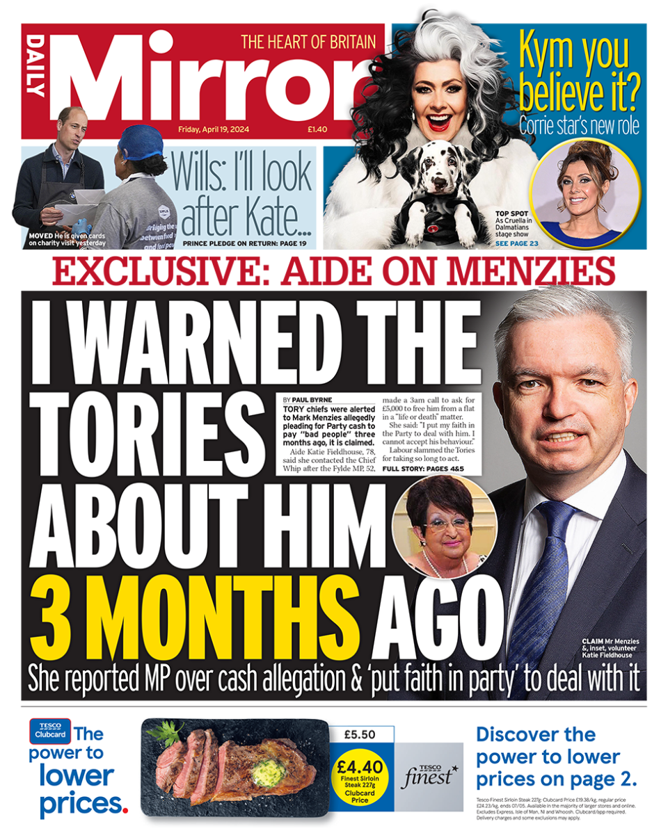 The headline in the Mirror reads: "I warned the Tories about him 3 months ago".