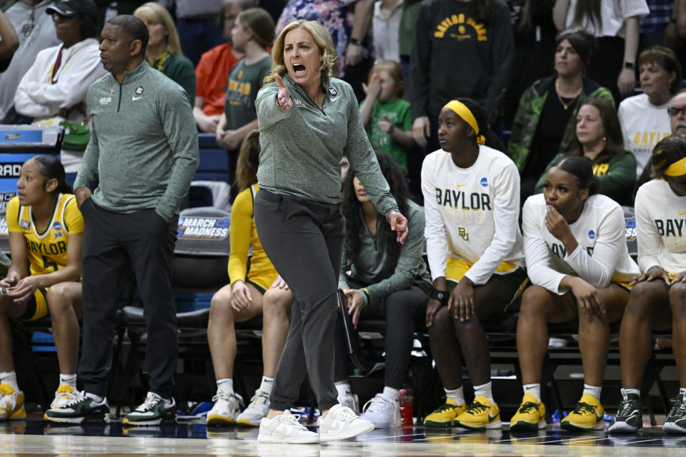 Baylor head coach Nicki Collen reacts in the second half of a first-round college basketball game against Alabama in the NCAA Tournament, Saturday, March 18, 2023, in Storrs, Conn. (AP Photo/Jessica Hill)