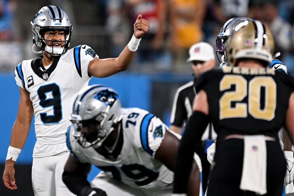 CHARLOTTE, NORTH CAROLINA - SEPTEMBER 18: Bryce Young #9 of the Carolina Panthers calls a play against the New Orleans Saints during the third quarter in the game at Bank of America Stadium on September 18, 2023 in Charlotte, North Carolina. (Photo by Grant Halverson/Getty Images)