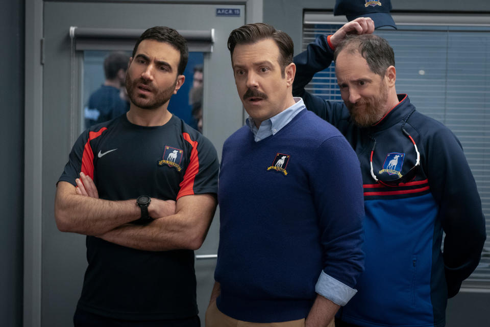 Brett Goldstein, Jason Sudeikis and Brendan Hunt in Ted Lasso S3. (Apple TV+)