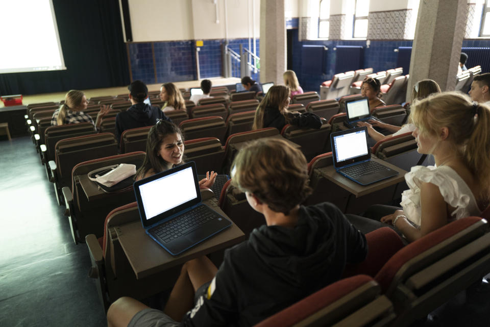 Teenagers at a school in Stockholm in March. (Getty)