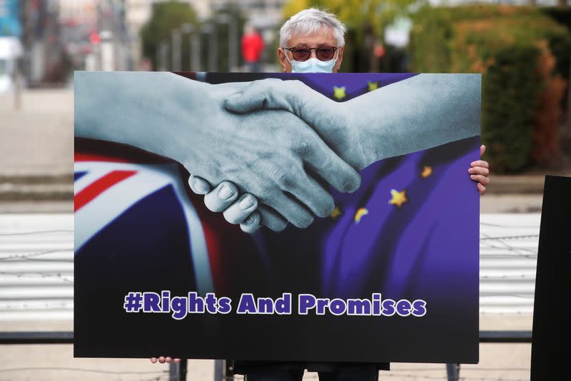 An anti-Brexit protester holds a placard, ahead of a European Union leaders summit, in Brussels