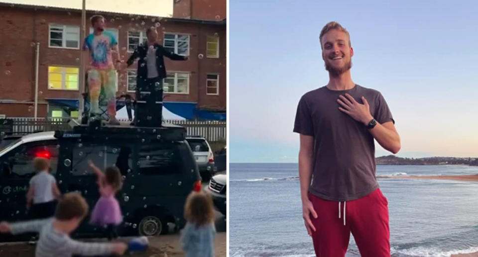 Andrew Riis is pictured on top of his vehicle earlier this month (left), and right on the beach. Source: Facebook