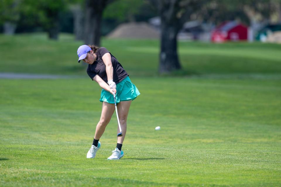 Pineland's Mia Martinez competes during the Shore Conference Tournament at Jumping Brook Country Club in Neptune, NJ Monday, April 29, 2024.
(Credit: Tanya Breen/Asbury Park Press)