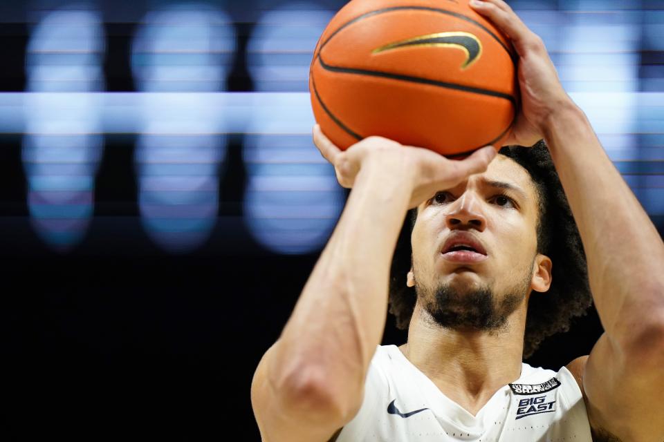 Xavier Musketeers guard Desmond Claude (1) shoots a free throw in the second half of a college basketball game between the St. John's Red Storm and the Xavier Musketeers, Wednesday, Jan. 31, 2024, at Cintas Center in Cincinnati. The Xavier Musketeers won, 88-77.