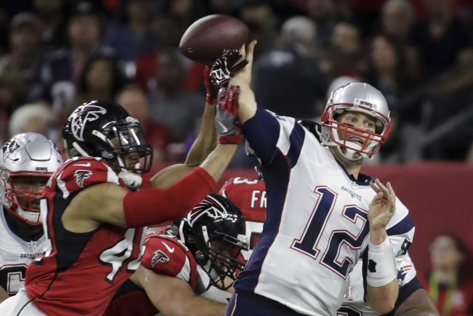 For at least one play, Vic Beasley put the heat on Tom Brady in February's Super Bowl. (AP) 